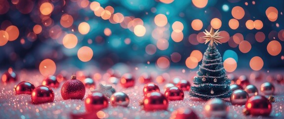 Aufkleber - Christmas tree with ornaments and bokeh lights in a festive setting during holiday season celebration background