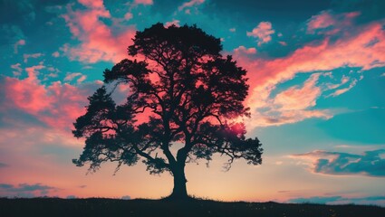 Aufkleber - Silhouette of a large tree against a vibrant sunset sky with colorful clouds and contrasting landscape elements