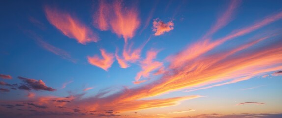 Aufkleber - Vibrant sunset clouds with pink and orange hues against a blue sky creating a dramatic evening atmosphere.