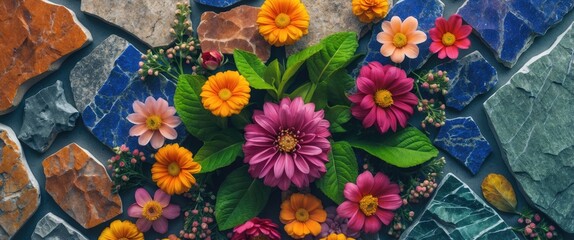 Poster - Colorful flowers arranged on a textured background of various stones and rocks in vibrant colors and natural patterns