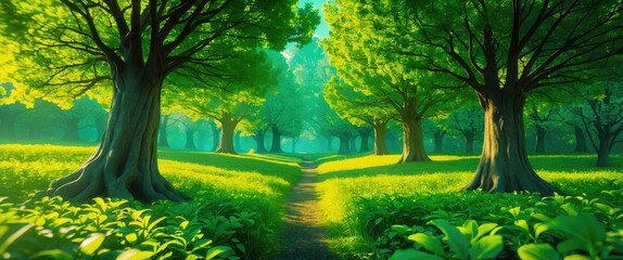 Poster - Lush green forest landscape featuring tall trees, a dirt path, and dense grass under bright sunlight