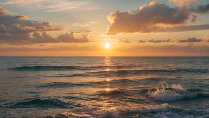 Aufkleber - Sunset over calm ocean waters with soft waves and a colorful sky illuminated by the setting sun and scattered clouds