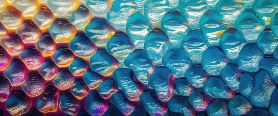 Poster - Colorful abstract background with illuminated droplets resembling honeycomb structure in blue, orange, and pink shades.