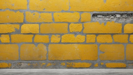 Aufkleber - Textured yellow brick wall with a grey mortar and a horizontal opening revealing underlying material