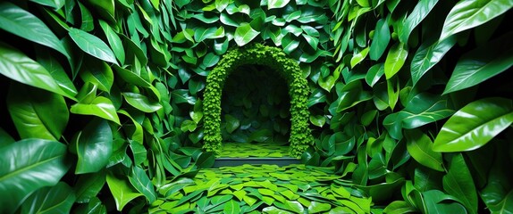 Aufkleber - Indoor space created with abundant green leaves forming archway and carpet, showcasing lush natural decor in vibrant foliage.