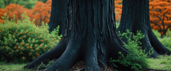 Poster - Old trees with textured bark in a forest setting surrounded by vibrant green foliage and orange flowers in the background