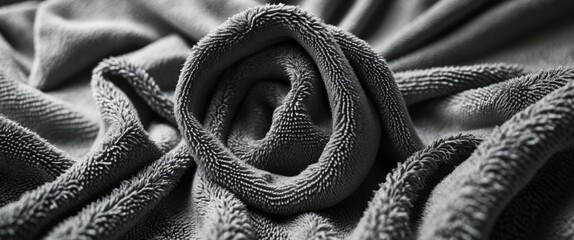 Aufkleber - Textured gray fabric rolled in a circular pattern with soft fibers and folds in a close-up macro photography style.