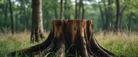 Aufkleber - Tree stump with exposed roots surrounded by green grass in a forest landscape during daytime