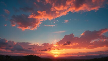 Aufkleber - Colorful sunset over a mountainous landscape with dramatic clouds illuminating the sky during twilight hours