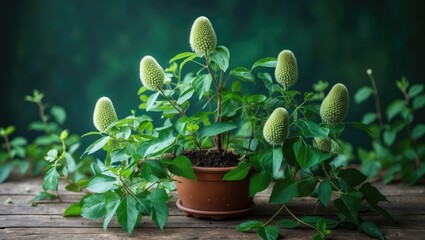 Aufkleber - Potted plant with green fruits and foliage on wooden table against blurred background in natural light