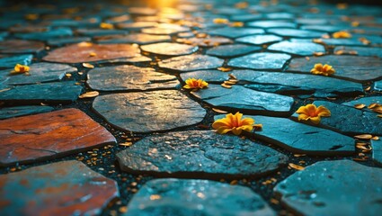 Poster - Colorful stones with wet surface and scattered yellow flowers and petals in a tranquil outdoor setting.