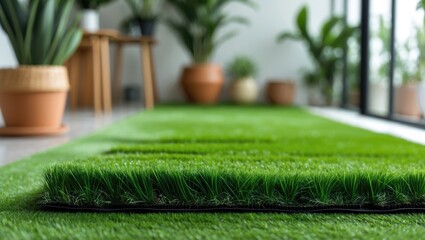 Aufkleber - Artificial grass mat on indoor floor with green plants in pots and natural light from large windows