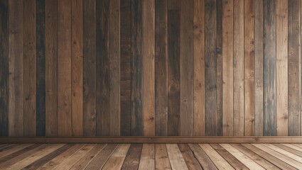 Aufkleber - Wooden wall and floor interior with vintage planks in natural light empty room suitable for interior design or background use