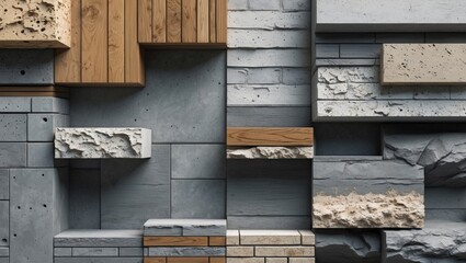Aufkleber - Wall panels with various textures and materials including wood, concrete, and stone in an abstract arrangement