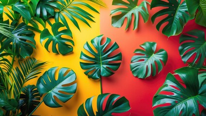 Aufkleber - Tropical leaves arrangement on vibrant orange and yellow background with natural light shadows and textures.