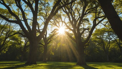 Poster - Sunlight filtering through tall trees in a green park creating a natural light rays effect on grass ground in a serene landscape setting.