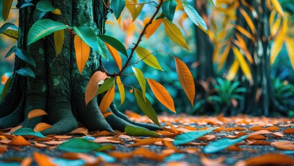 Poster - Tree trunk with colorful leaves in a forest setting during autumn with vibrant orange and green foliage on the ground.