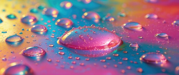 Poster - Colorful water droplets on a vibrant, abstract background with gradient hues of pink, blue, and purple lighting effects.