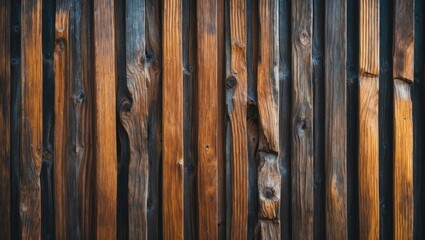 Aufkleber - Wooden wall background with vertical planks in varying shades of brown and black showcasing natural textures and grain patterns.