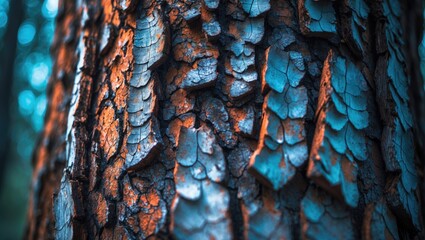 Aufkleber - Detailed close-up of textured tree bark featuring contrasting orange and blue hues with a blurred forest background.