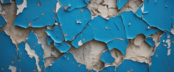 Aufkleber - Blue peeling paint on textured wall revealing dry plaster underneath in urban decay aesthetic