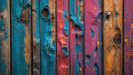 Poster - Colorful distressed wooden planks with abstract textures in blue pink and brown tones with knots and imperfections
