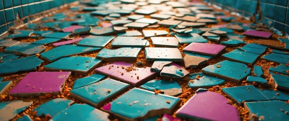 Leinwandbilder - Colorful broken tiles on floor with blue and purple pieces scattered in disarray illuminated by soft natural light.