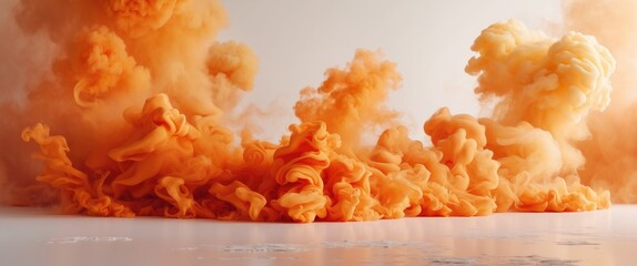 Wall Mural - Abstract orange smoke swirls against a clean white background creating a vibrant, dynamic atmosphere perfect for artistic design projects.