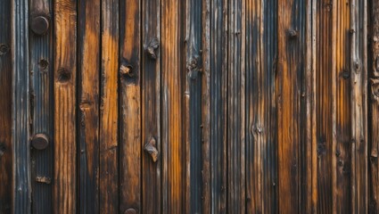Aufkleber - Wooden wall texture with weathered brown and black tones featuring vertical planks and irregularities in the surface.