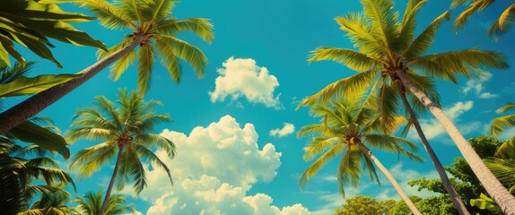 Poster - Tropical palm trees against a bright blue sky with fluffy white clouds in a serene outdoor setting