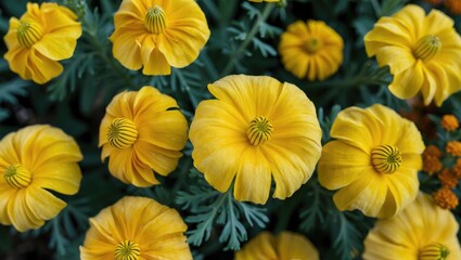 Poster - Yellow flowers with delicate petals and green foliage in a vibrant garden setting, arranged in a top-down view with natural lighting