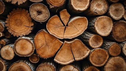 Aufkleber - Close-up of stacked tree logs showing natural wood textures and growth rings in a rustic setting