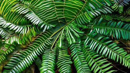 Poster - Green tropical fern leaves background with intricate patterns and textures in natural sunlight