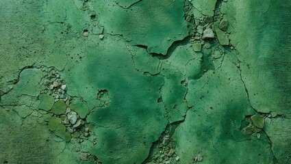 Poster - Textured green wall with cracks and peeling paint showing layers of different shades and surface imperfections