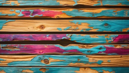 Aufkleber - Textured wooden planks with colorful paint splashes in pink, blue, and yellow tones showcasing weathered and rustic appearance