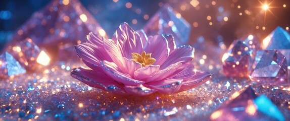 Aufkleber - Pink flower on glittering surface surrounded by sparkling crystals and soft light reflecting in the background