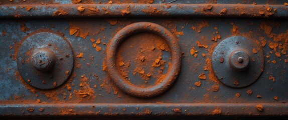Aufkleber - Rusty metal surface with circular and spherical protrusions covered in orange flakes and weathered textures.