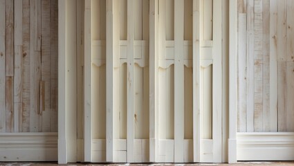 Aufkleber - White wooden interior doors with decorative panels against a light wooden wall in a minimalistic interior setting