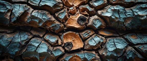 Aufkleber - Textured close-up of weathered and cracked wood with contrasting orange and blue hues highlighting natural patterns and details.