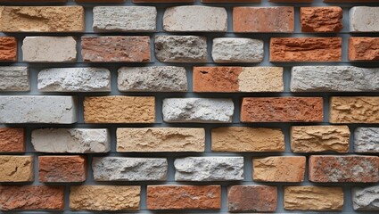 Poster - Textured brick wall with various colors and patterns including red, orange, and cream bricks arranged in a uniform manner