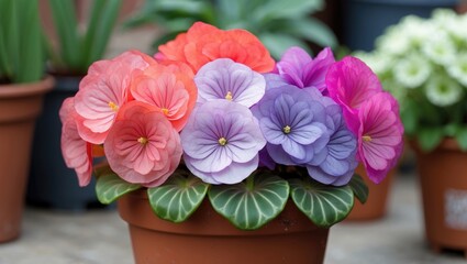 Poster - Flower pot with colorful blooming violets in various shades of pink and purple surrounded by green foliage and blurred background.