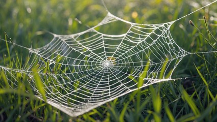 Aufkleber - Detailed close-up of a spider web glistening with dew in a green grass field on a sunny morning.