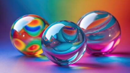 Leinwandbilder - Colorful glass spheres with swirling patterns placed on a vibrant gradient background with reflections and shadows.
