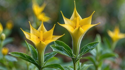 Poster - Yellow flowers with unique star-shaped petals in a natural outdoor setting with green foliage blurred in the background.