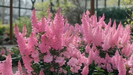 Poster - Pink flowers in a greenhouse with lush greenery and natural sunlight highlighting the blooms and leaves in a botanical setting.