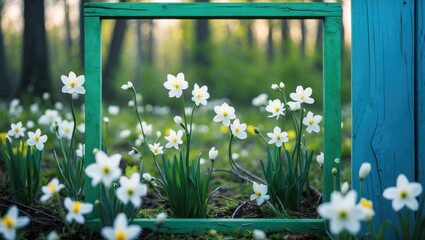 Poster - Frame with white daffodil flowers in a forest setting during springtime with green foliage and natural light