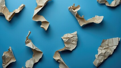 Leinwandbilder - Crumpled brown paper pieces arranged artistically on a solid blue background creating a textured composition
