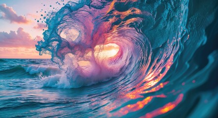 Poster - Vibrant ocean wave capturing sunlight during sunset with colorful splashes and textures of water in motion