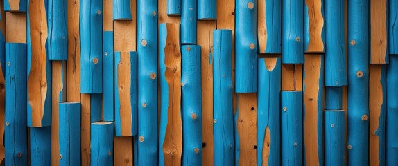 Poster - Colorful wooden wall texture with blue and natural wood patterns in a modern design layout.