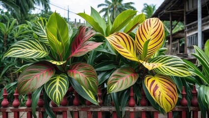 Aufkleber - Colorful tropical foliage plants with variegated leaves in a natural outdoor setting against a wooden structure and palm trees.